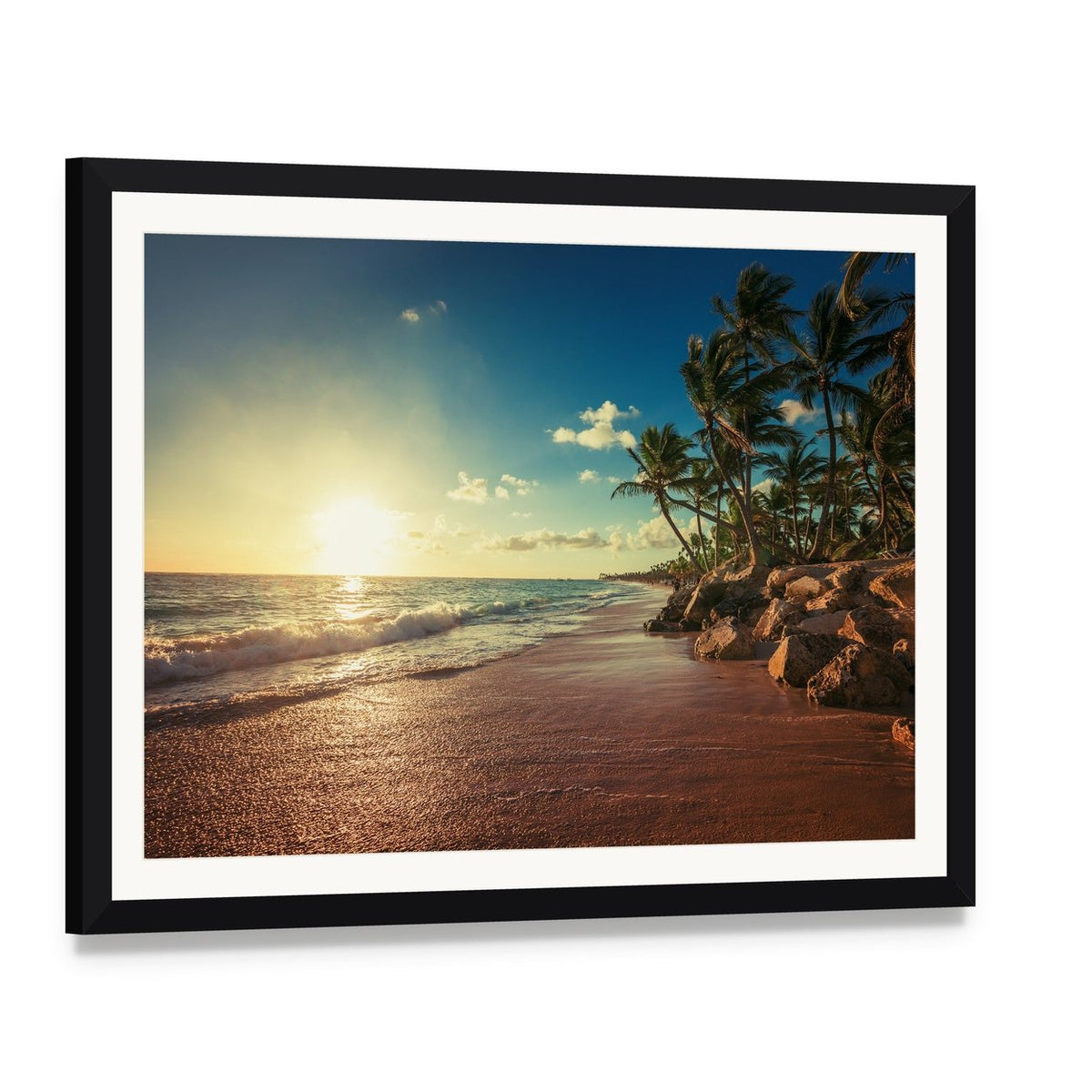 Landscape of Paradise Canvas Wall Art, framed print with white mat and black frame, angled product view