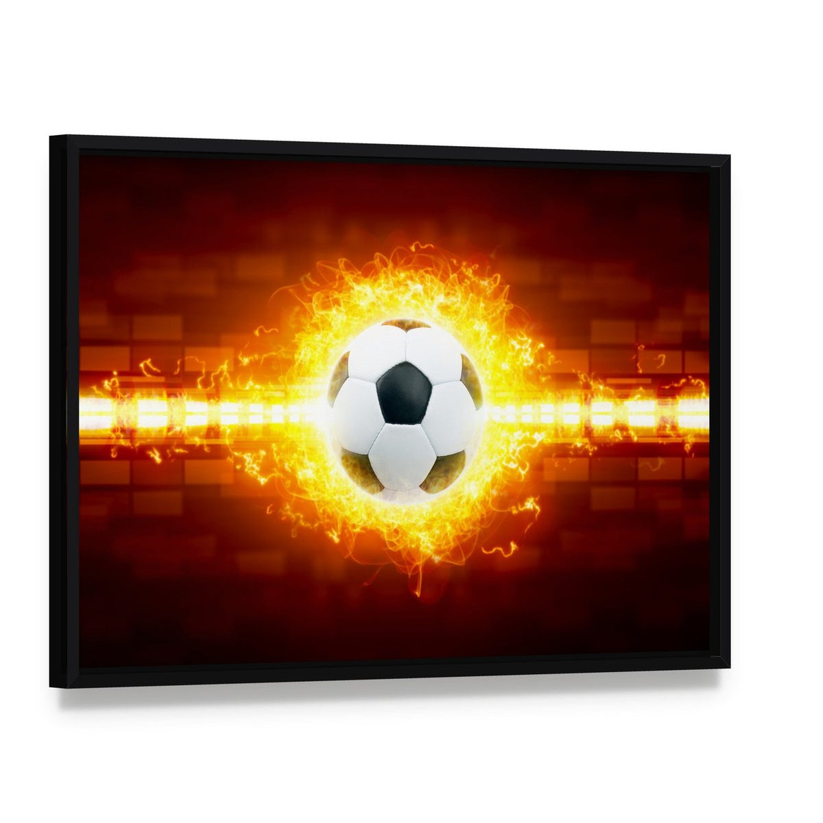 Soccer Ball in Fire Canvas Wall Art, framed canvas in a black floater frame, angled product view
