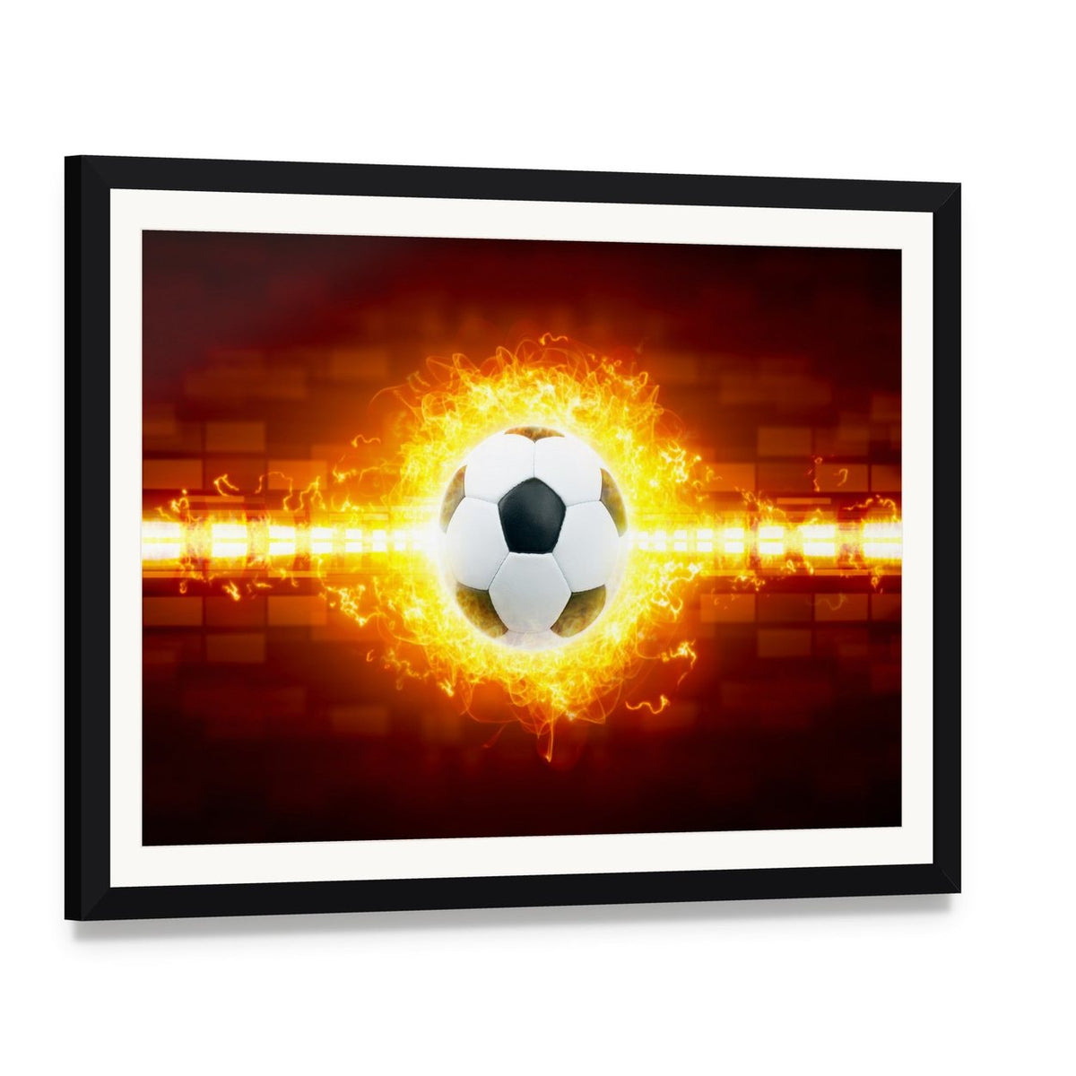 Soccer Ball in Fire Canvas Wall Art, framed print with white mat and black frame, angled product view