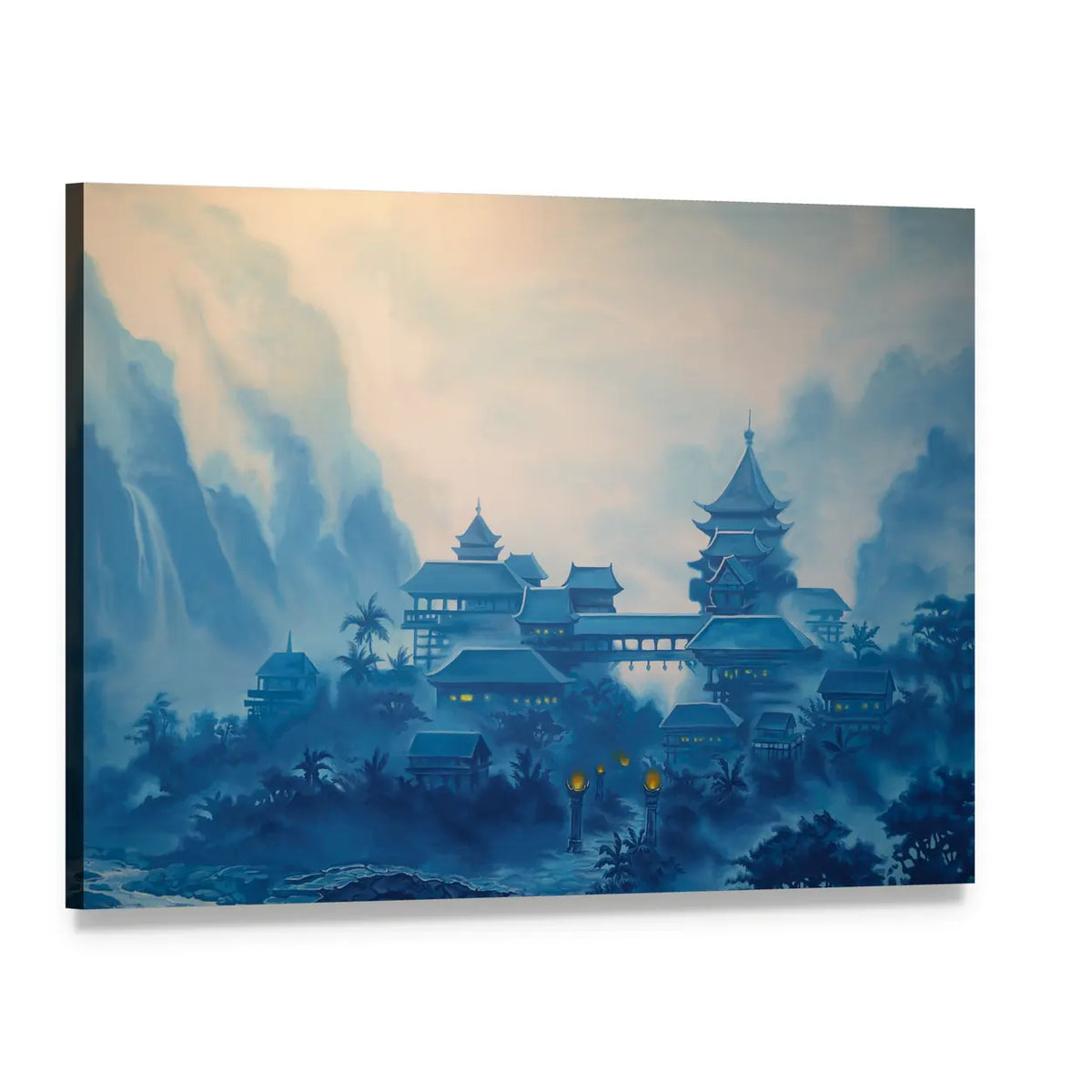 Misty Chinese Pagoda Landscape Canvas Wall Art, single panel gallery wrapped canvas, angled product view