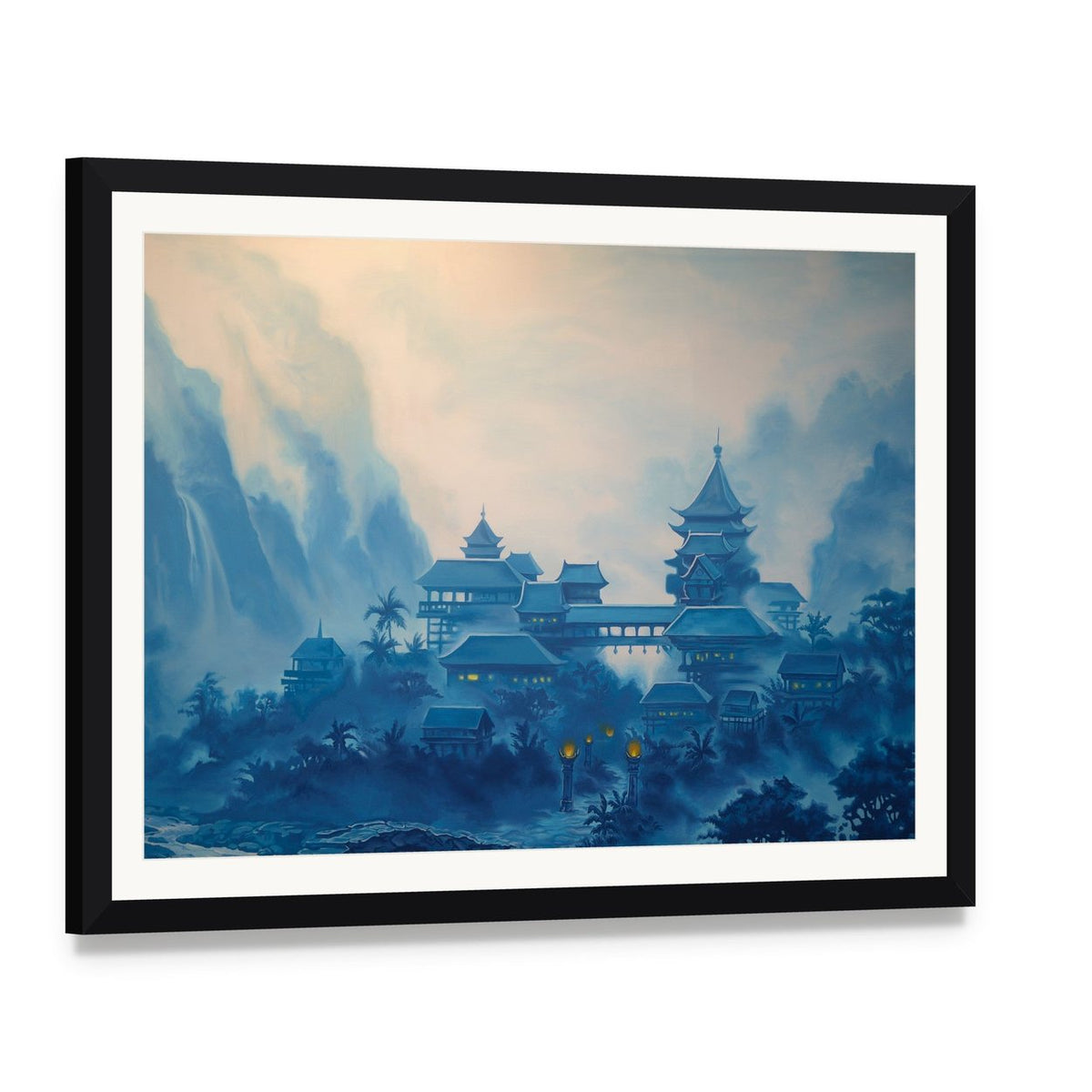 Classical Chinese Landscape Canvas Wall Art, framed print with white mat and black frame, angled product view