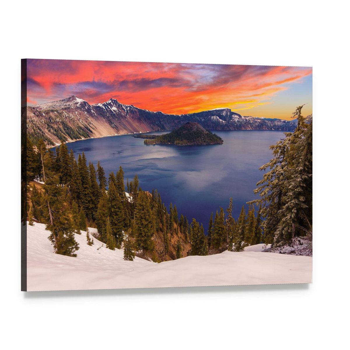 Crater Lake at Sunset Canvas Wall Art, single panel gallery wrapped canvas, angled product view