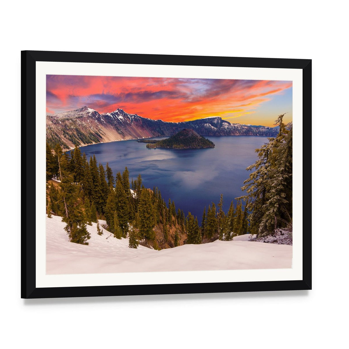 Crater Lake at Sunset Canvas Wall Art, framed print with white mat and black frame, angled product view
