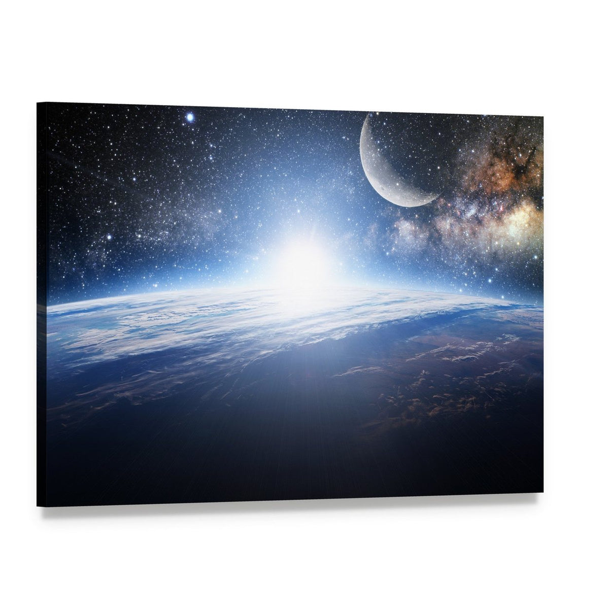 Sunrise Over Earth with Moon and Galaxy Canvas Wall Art, single panel gallery wrapped canvas, angled product view