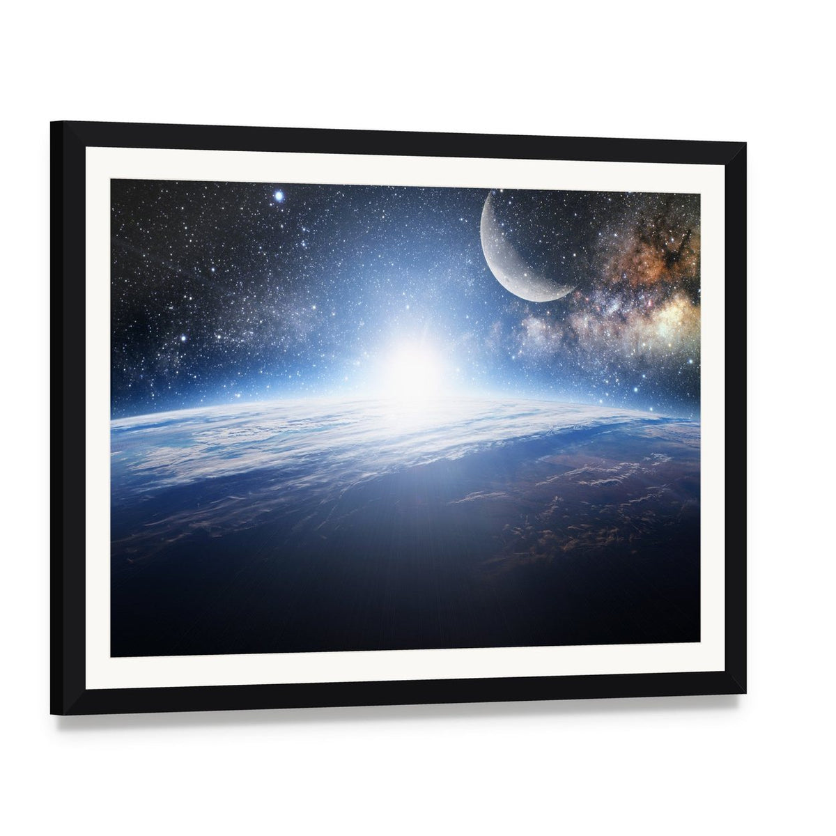 Sunrise Over Earth with Moon and Galaxy Canvas Wall Art, framed print with white mat and black frame, angled product view