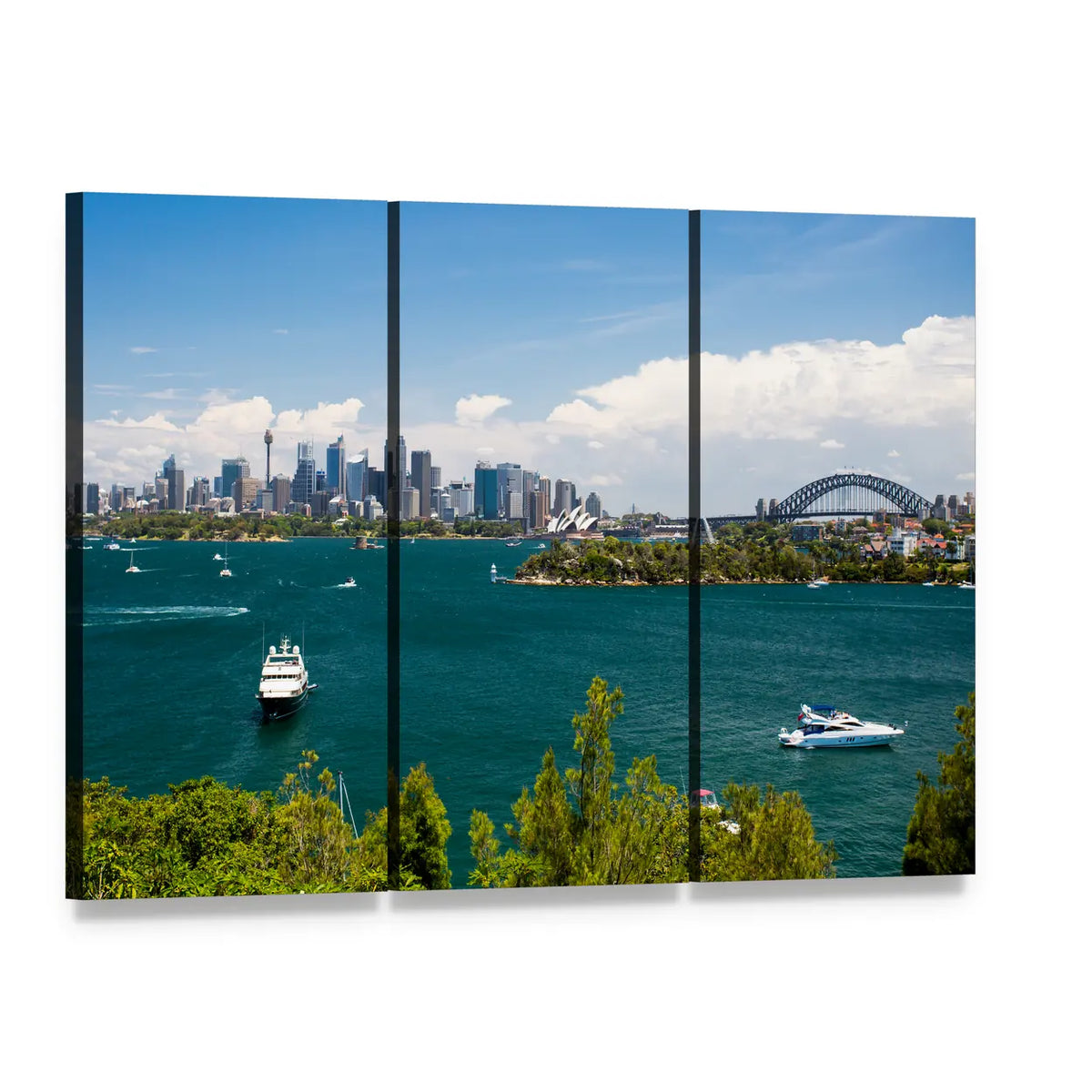 Sydney Skyline from Taronga Zoo Canvas Wall Art, 3 panel 3 Horizontal layout gallery wrapped canvas set, angled product view