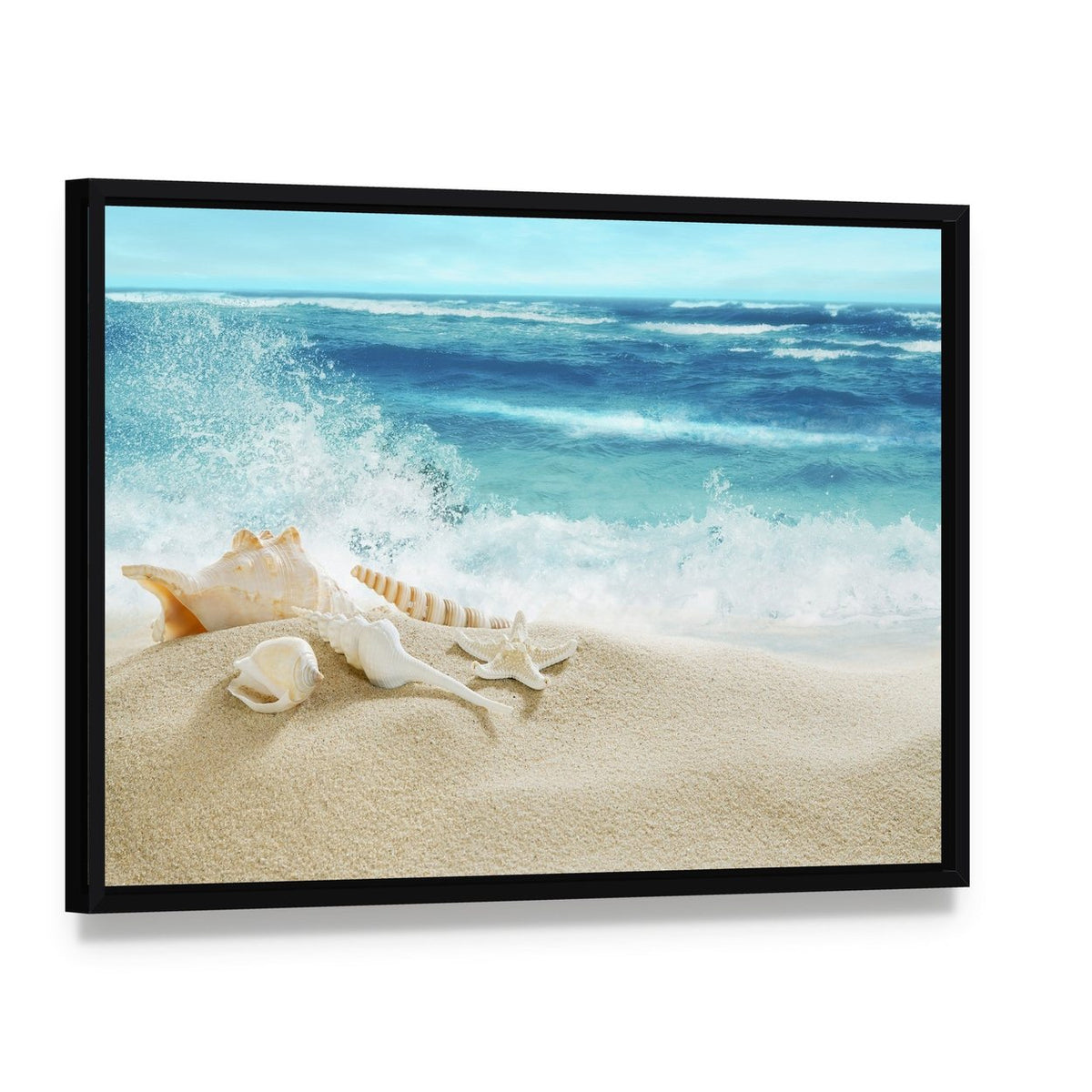 Tropical Beach & Splashing Waves Canvas Wall Art, framed canvas in a black floater frame, angled product view