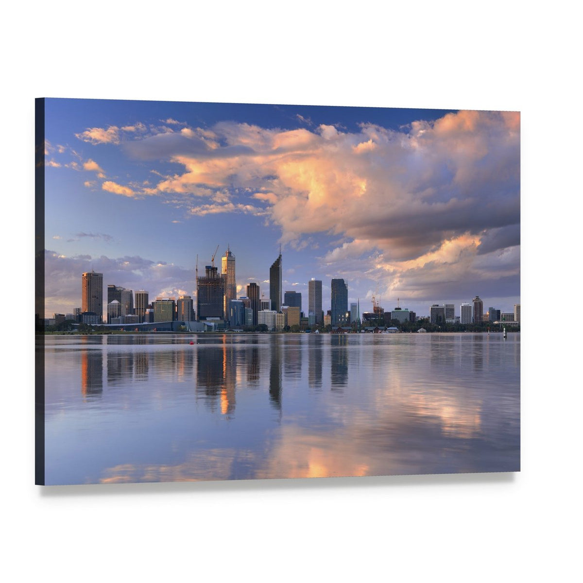Sunset City Skyline with Water Reflection Canvas Wall Art, single panel gallery wrapped canvas, angled product view