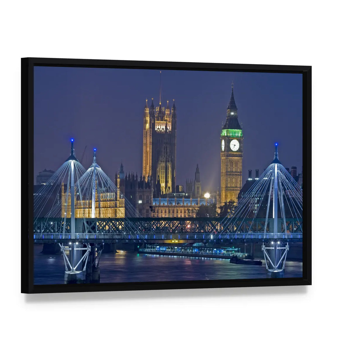Big Ben at Night, London Skyline Canvas Wall Art, framed canvas in a black floater frame, angled product view