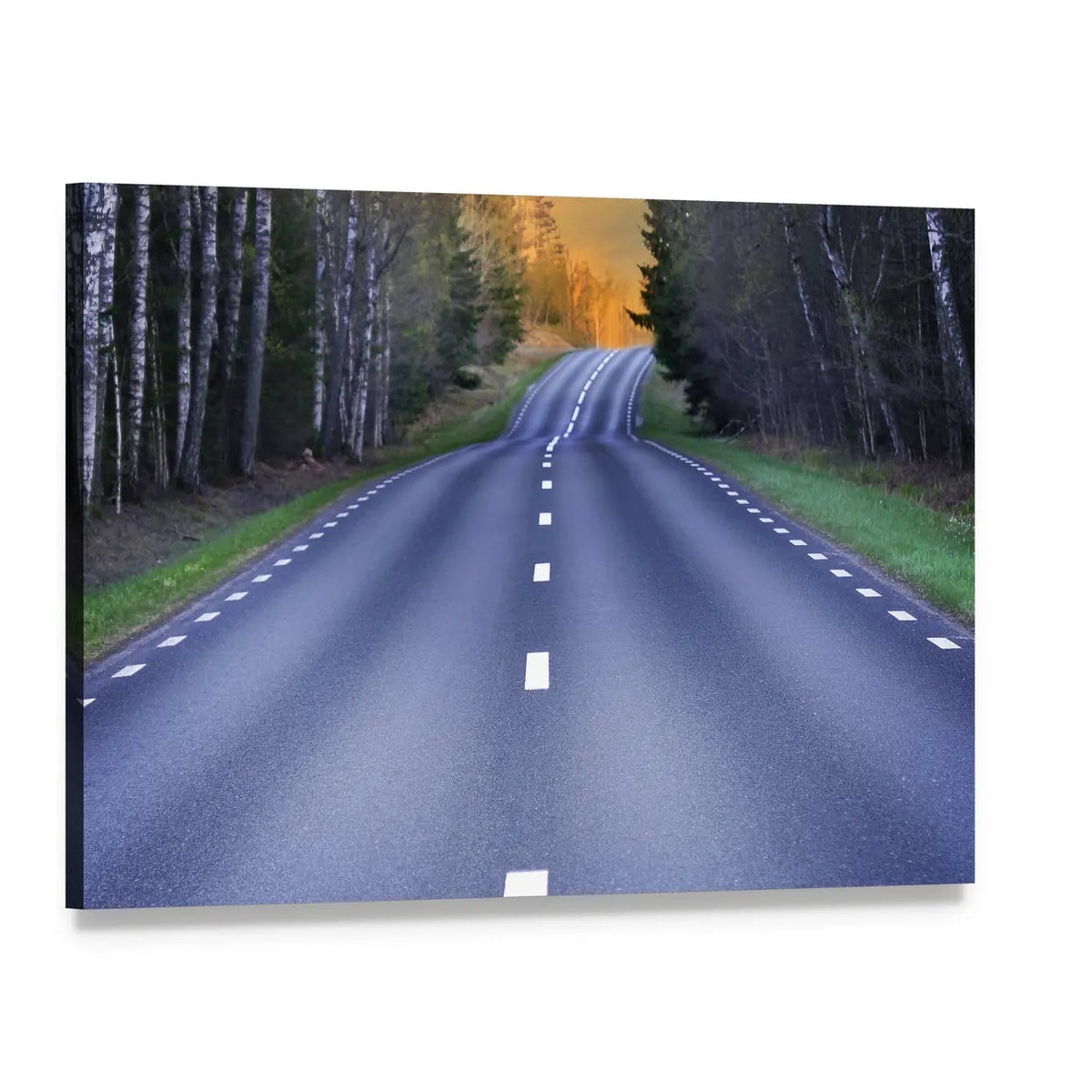 Winding Asphalt Road at Sunset Canvas Wall Art, single panel gallery wrapped canvas, angled product view