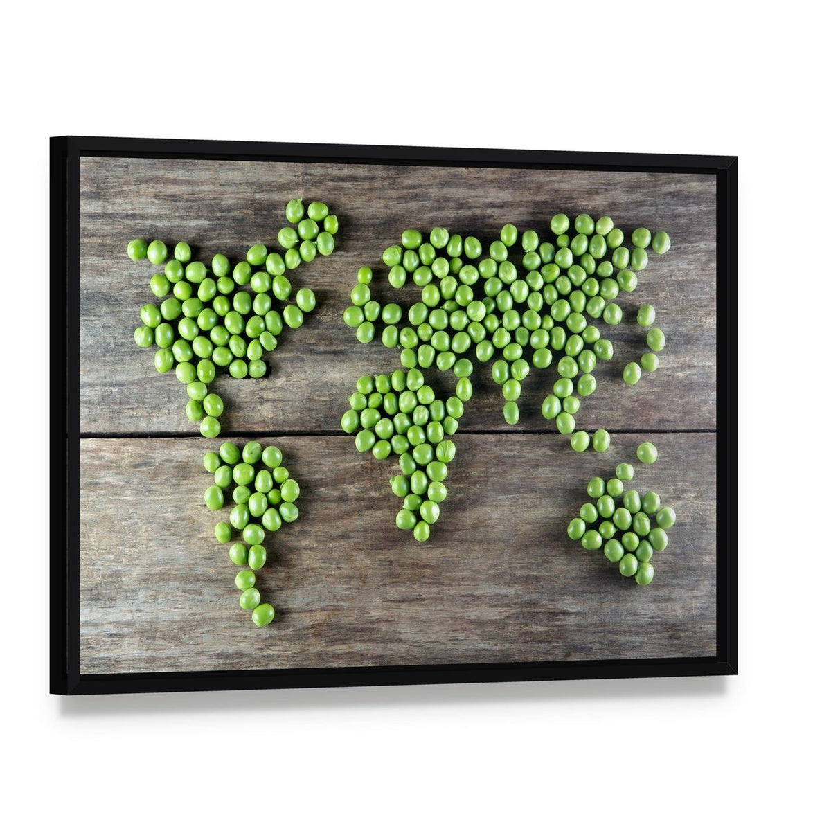 World Map Made from Green Peas Canvas Wall Art, framed canvas in a black floater frame, angled product view