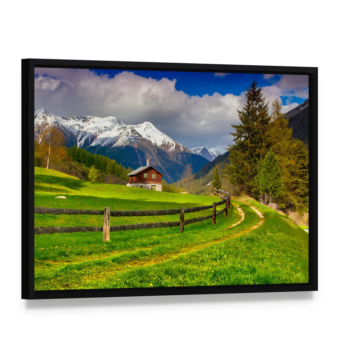 Spring Landscape In Swiss Alps Canvas Wall Art, framed canvas in a black floater frame, angled product view
