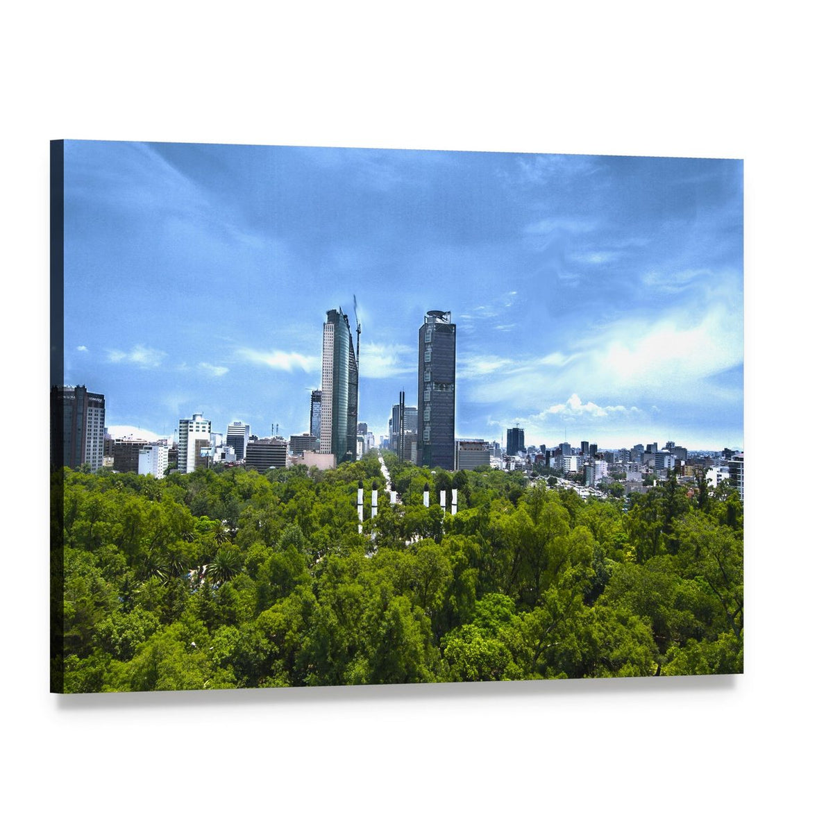 Mexico City Skyline Above Green Forest Canvas Wall Art, single panel gallery wrapped canvas, angled product view