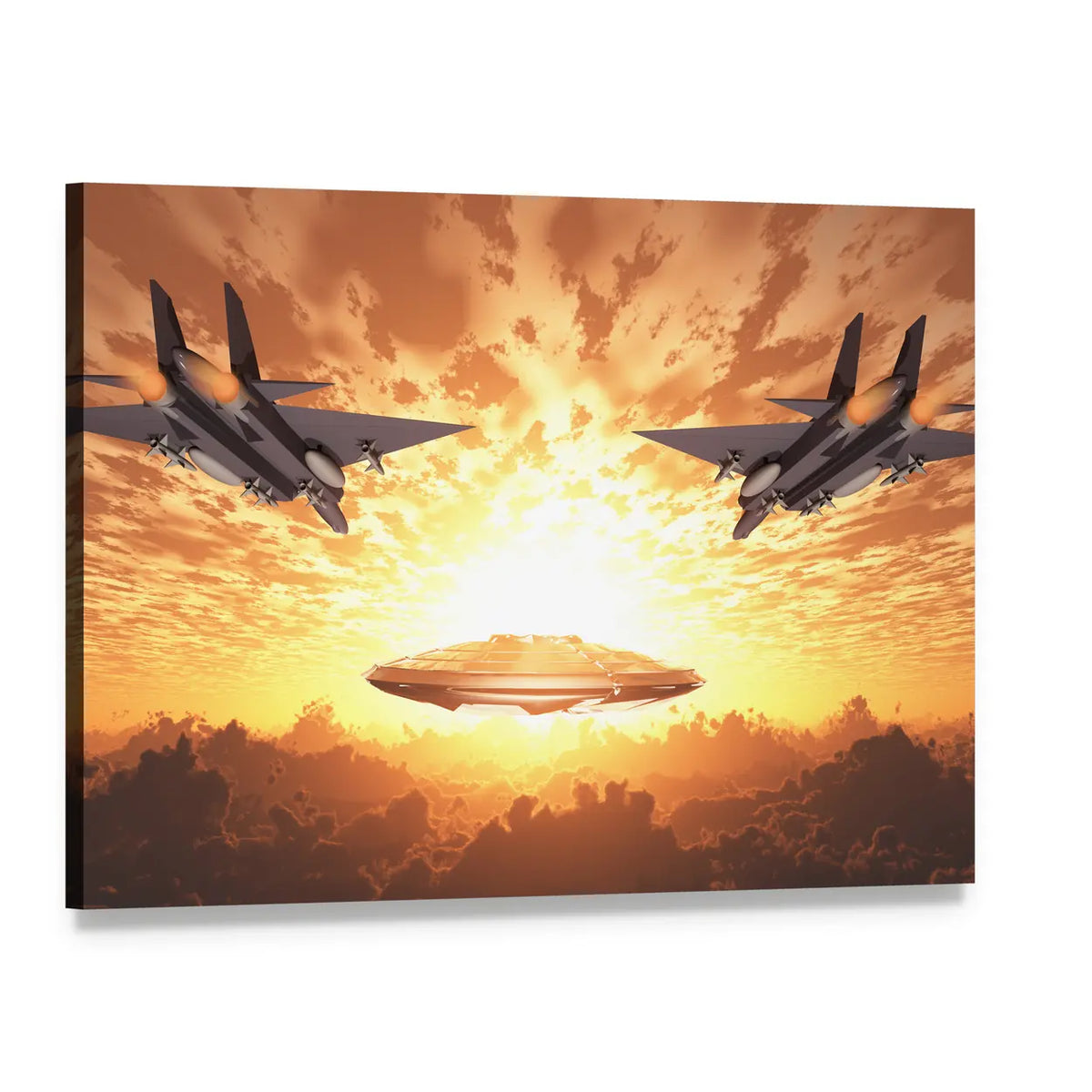 Military Jets in Orange Sunset Canvas Wall Art, single panel gallery wrapped canvas, angled product view
