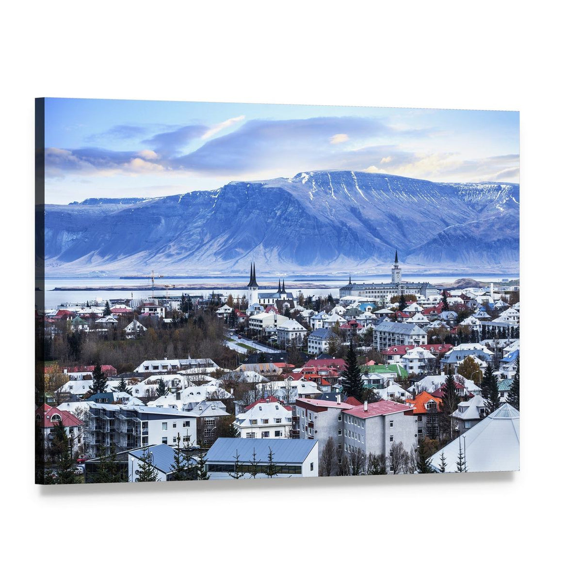 Reykjavik Cityscape with Snow-capped Mountains Canvas Wall Art, single panel gallery wrapped canvas, angled product view