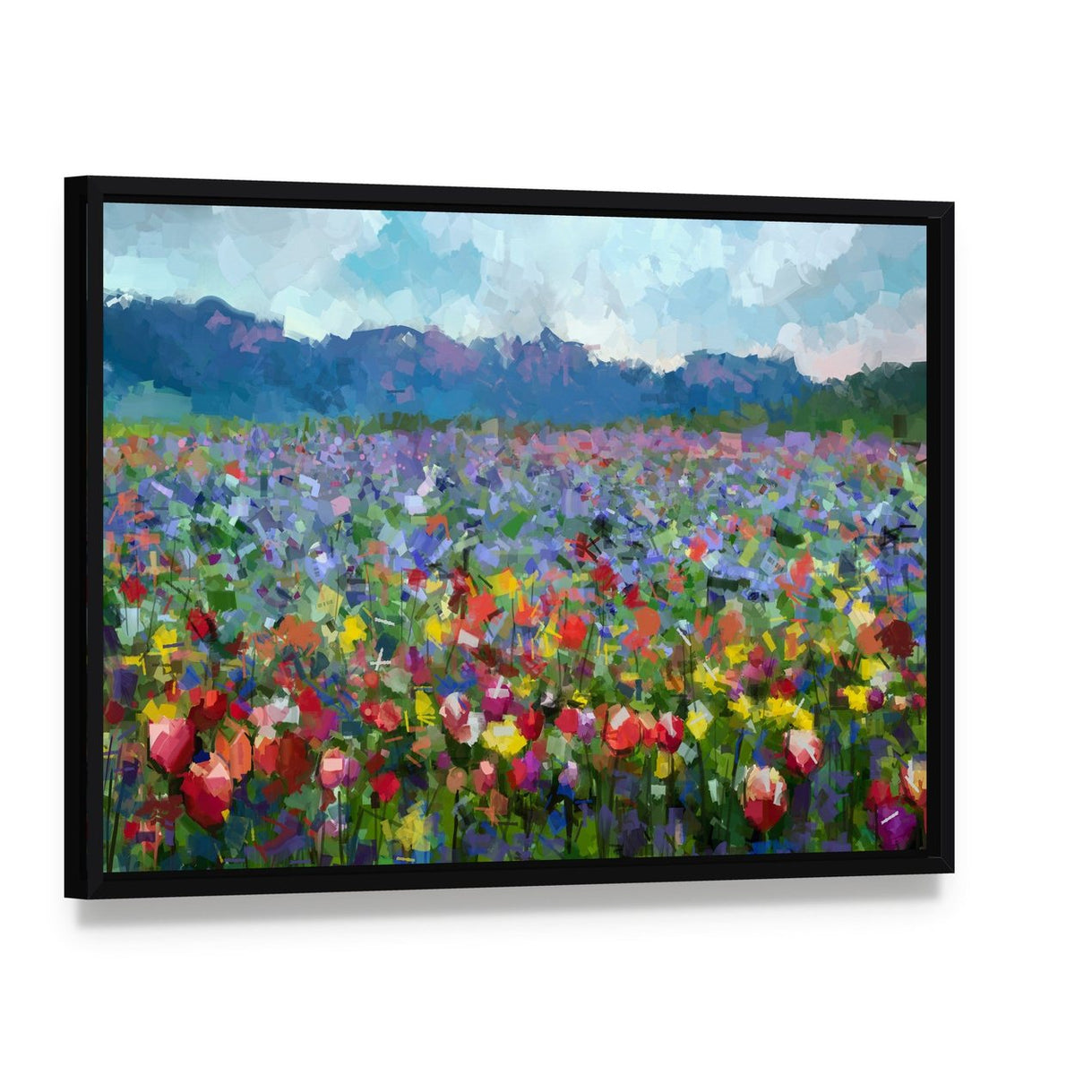 Tulips Flowers Blossom in the Meadow Canvas Wall Art, framed canvas in a black floater frame, angled product view