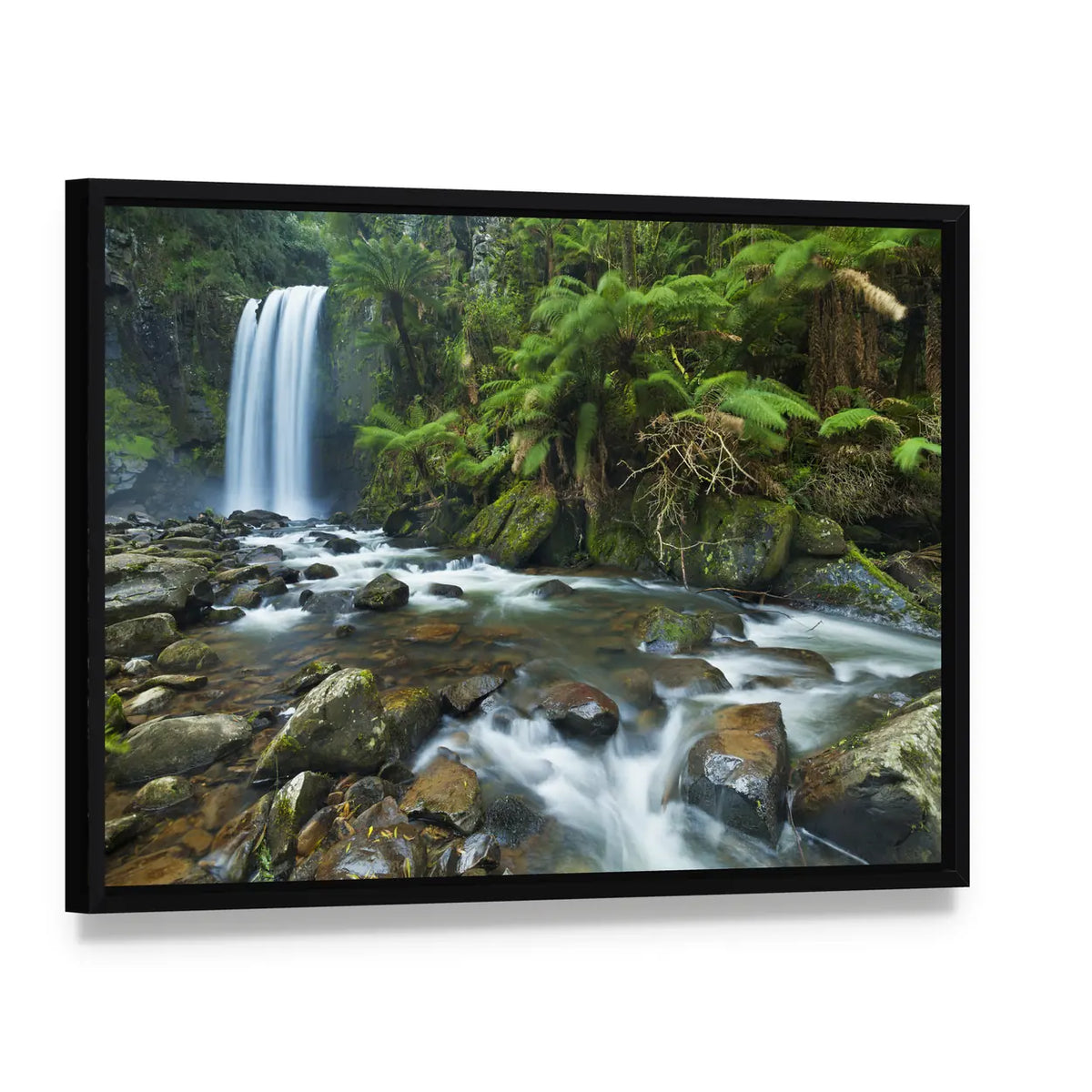 Hopetoun Falls, Great Otway National Park Canvas Wall Art, framed canvas in a black floater frame, angled product view
