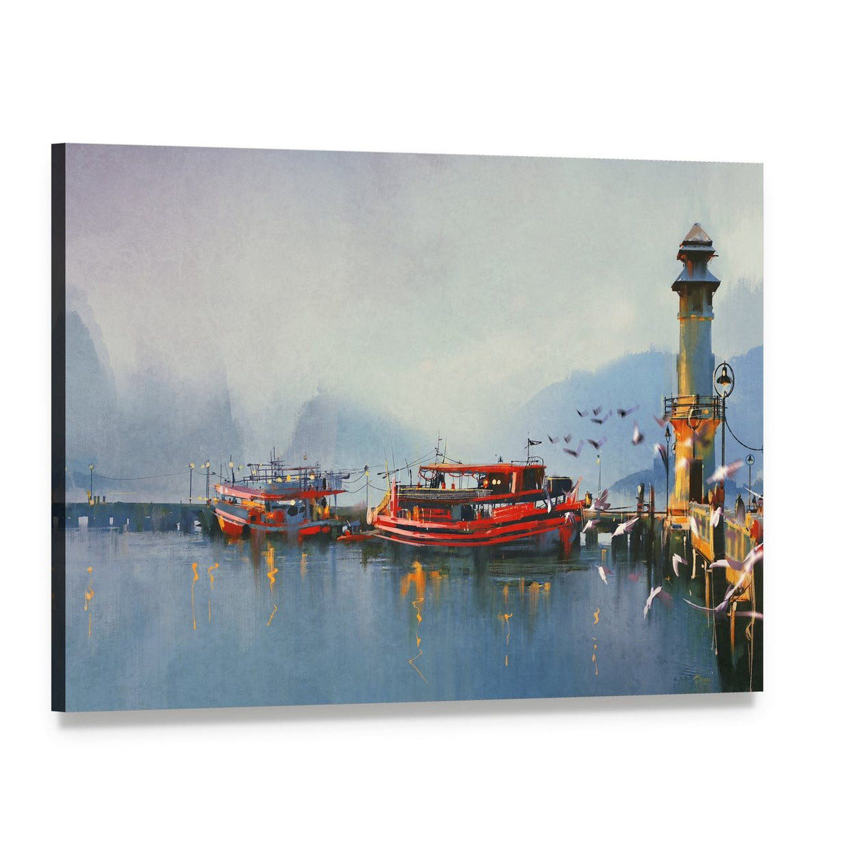 Boats in Harbor Canvas Wall Art, single panel gallery wrapped canvas, angled product view