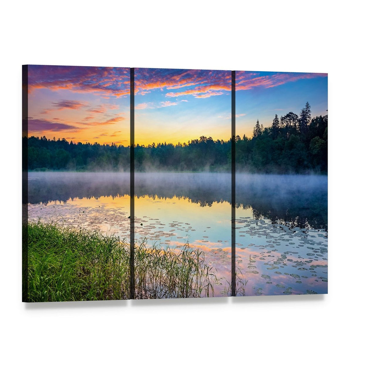 Sunrise Over Forest Lake Canvas Wall Art, 3 panel 3 Horizontal layout gallery wrapped canvas set, angled product view