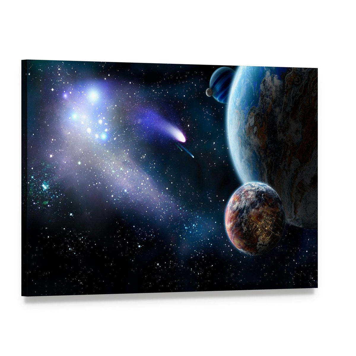 Group of Comets Attacking Peaceful Planets Canvas Wall Art, single panel gallery wrapped canvas, angled product view