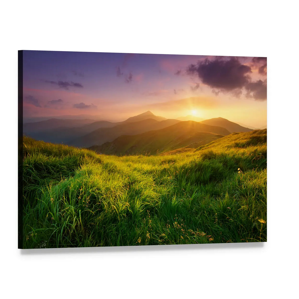 Mountain Valley Sunrise Canvas Wall Art, single panel gallery wrapped canvas, angled product view