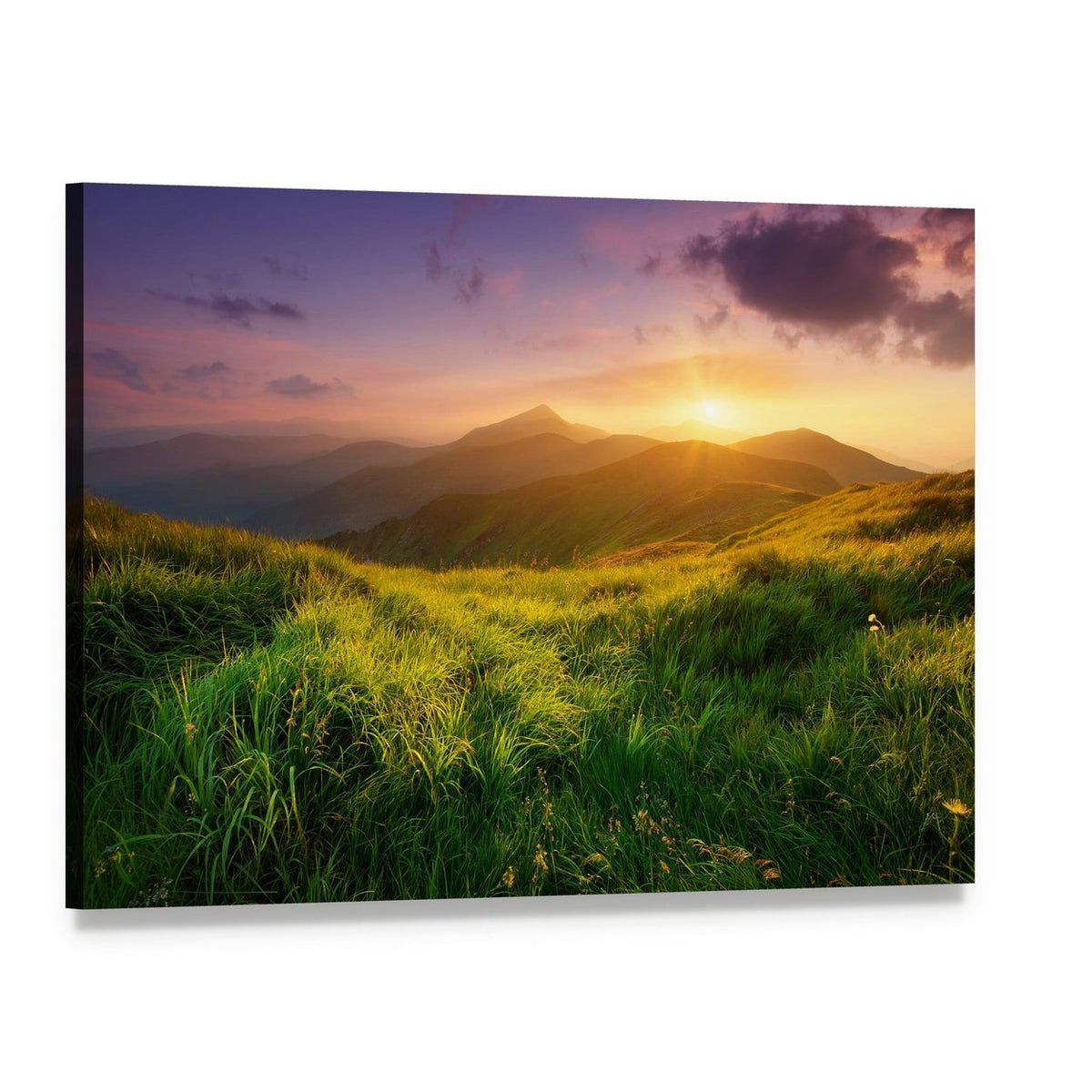 Sunrise on Mountain Valley Canvas Wall Art, single panel gallery wrapped canvas, angled product view