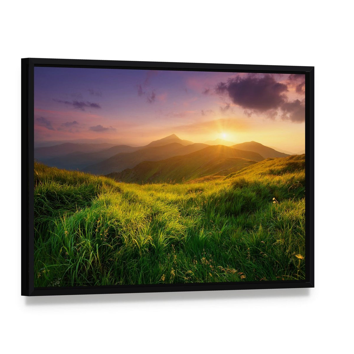 Sunrise on Mountain Valley Canvas Wall Art, framed canvas in a black floater frame, angled product view