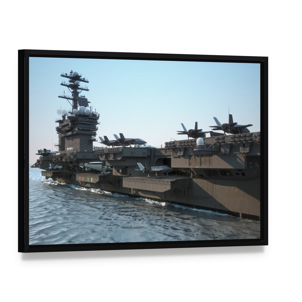 Navy Aircraft Carrier at Sea Canvas Wall Art, framed canvas in a black floater frame, angled product view