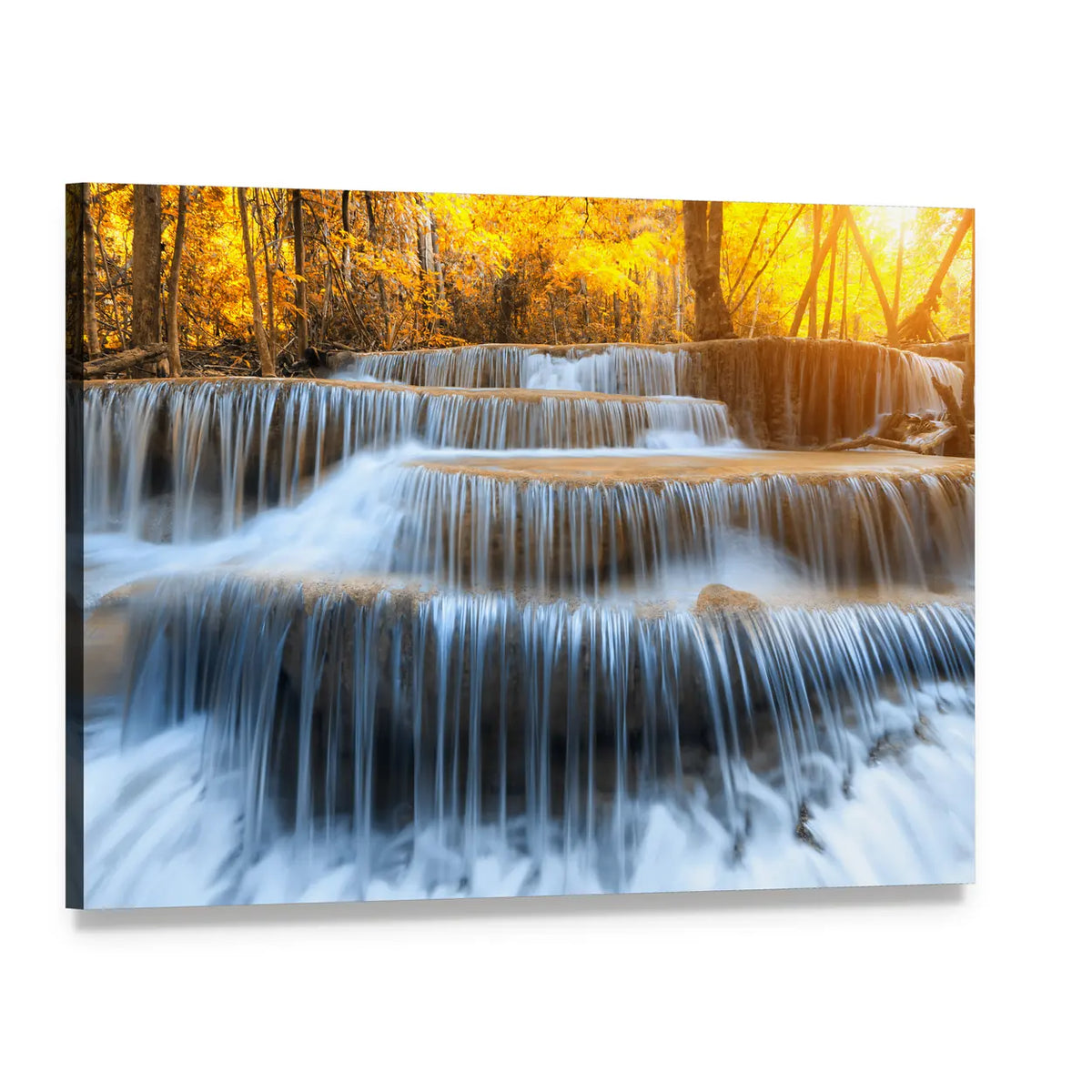 Waterfall in Yellow Forest Canvas Wall Art, single panel gallery wrapped canvas, angled product view