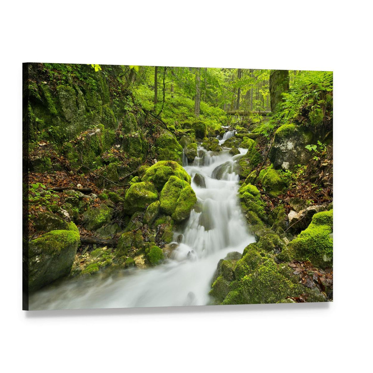 Waterfall with Moss-covered Rocks Canvas Wall Art, single panel gallery wrapped canvas, angled product view