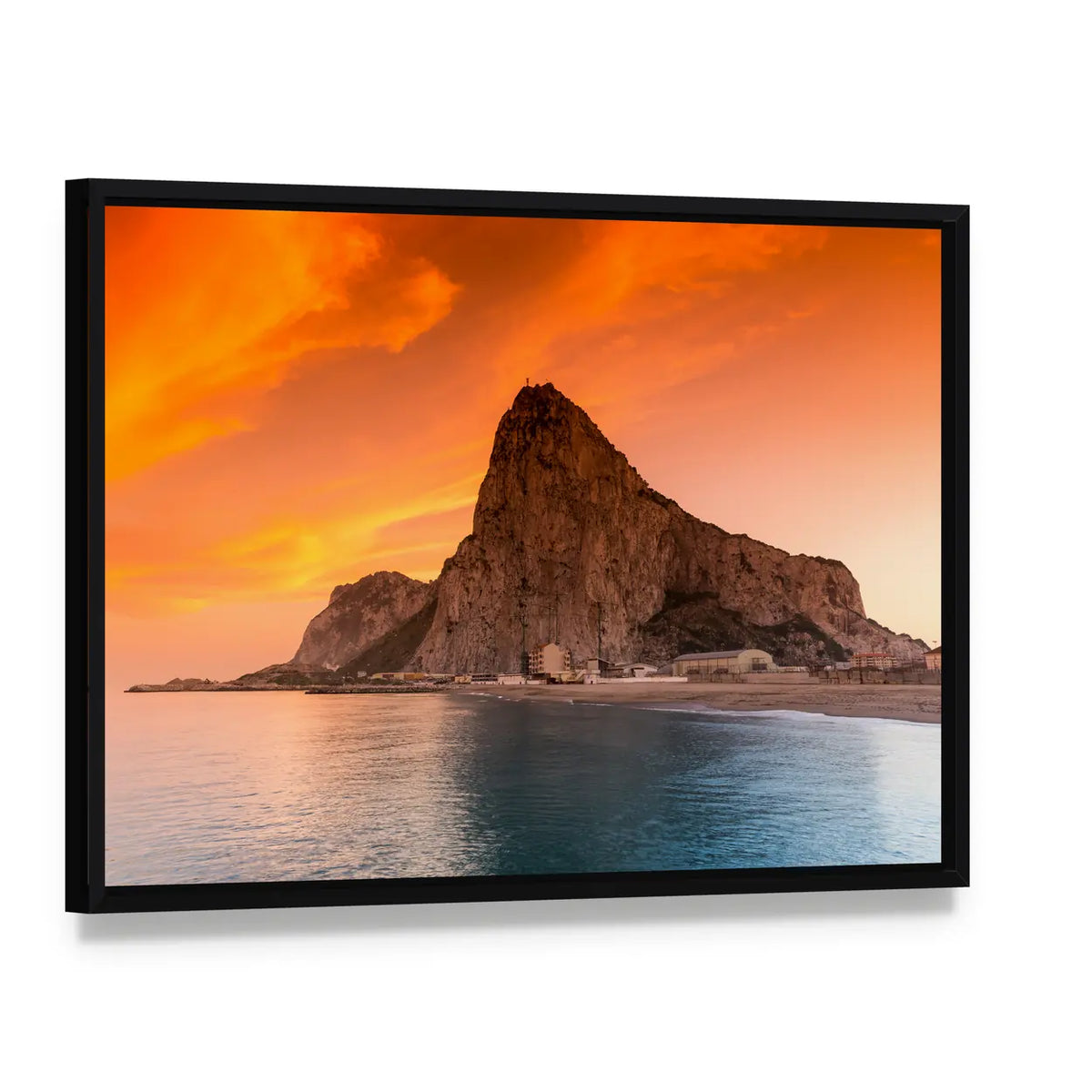 Rock of Gibraltar at Sunset Canvas Wall Art, framed canvas in a black floater frame, angled product view