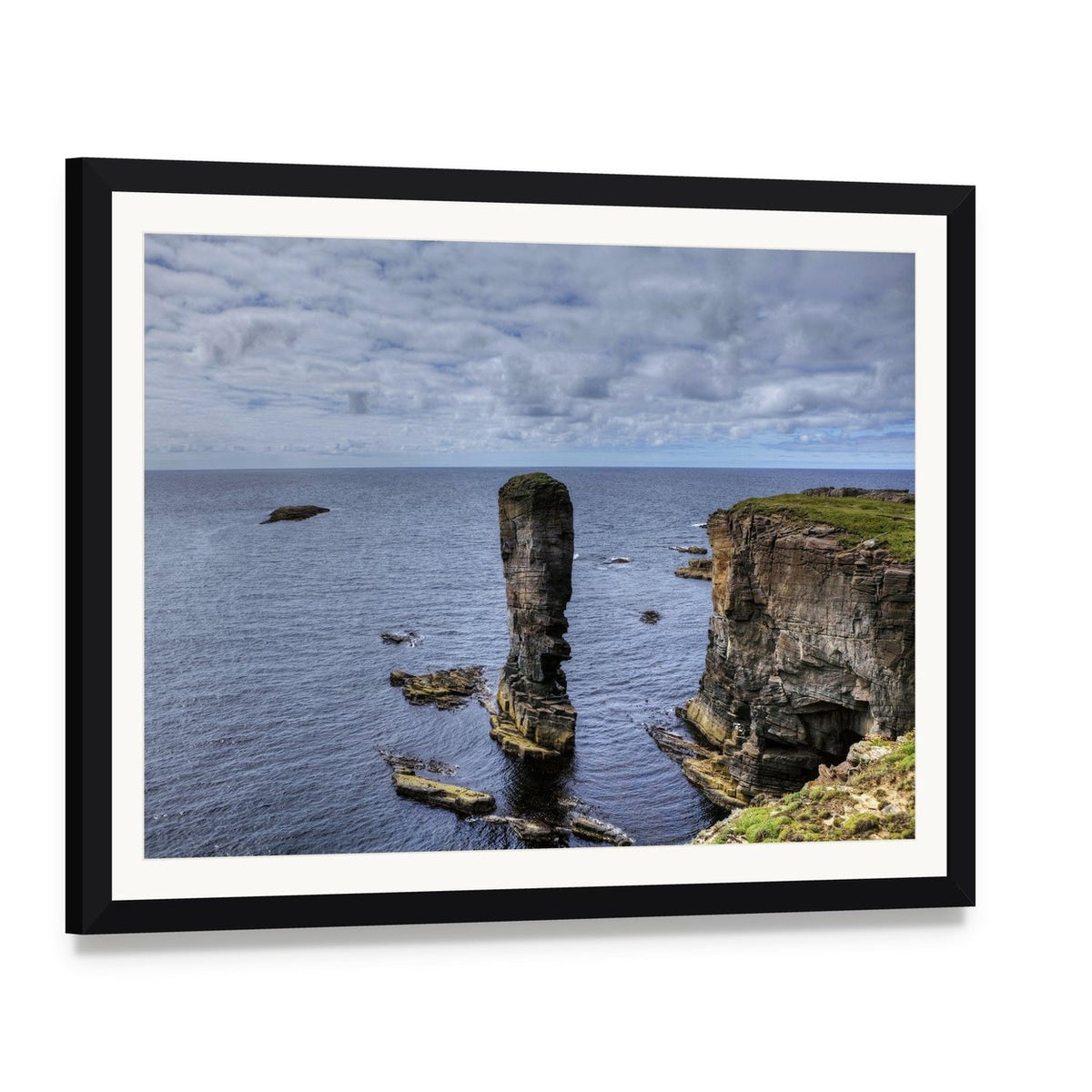 Yesnaby Castle Canvas Wall Art, framed print with white mat and black frame, angled product view