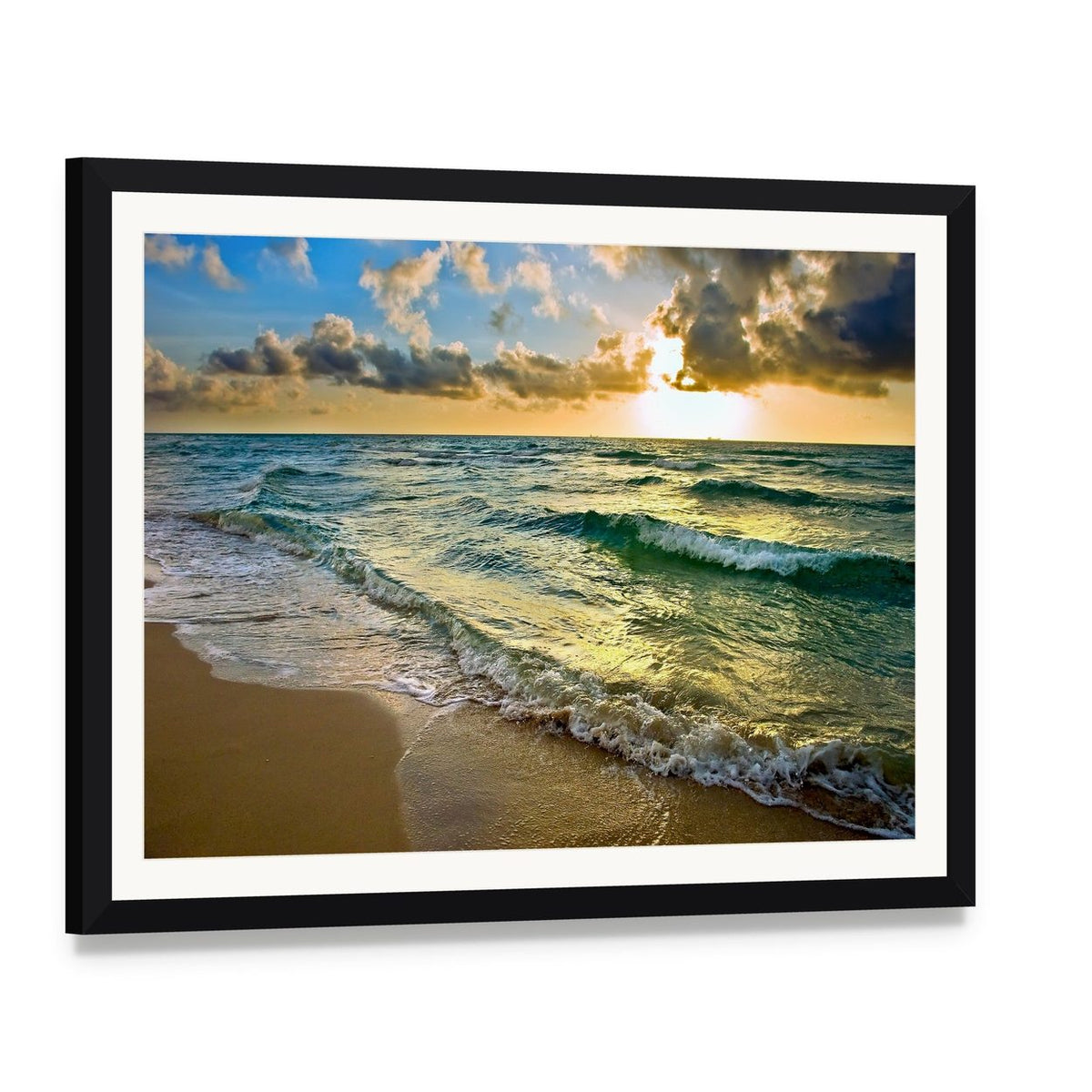 Sunrise at Atlantic Ocean Coast Near Florida Canvas Wall Art, framed print with white mat and black frame, angled product view