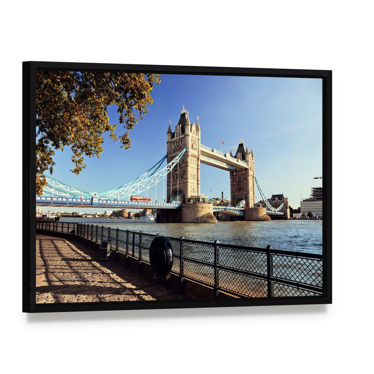 Tower Bridge Over River Thames Canvas Wall Art, framed canvas in a black floater frame, angled product view