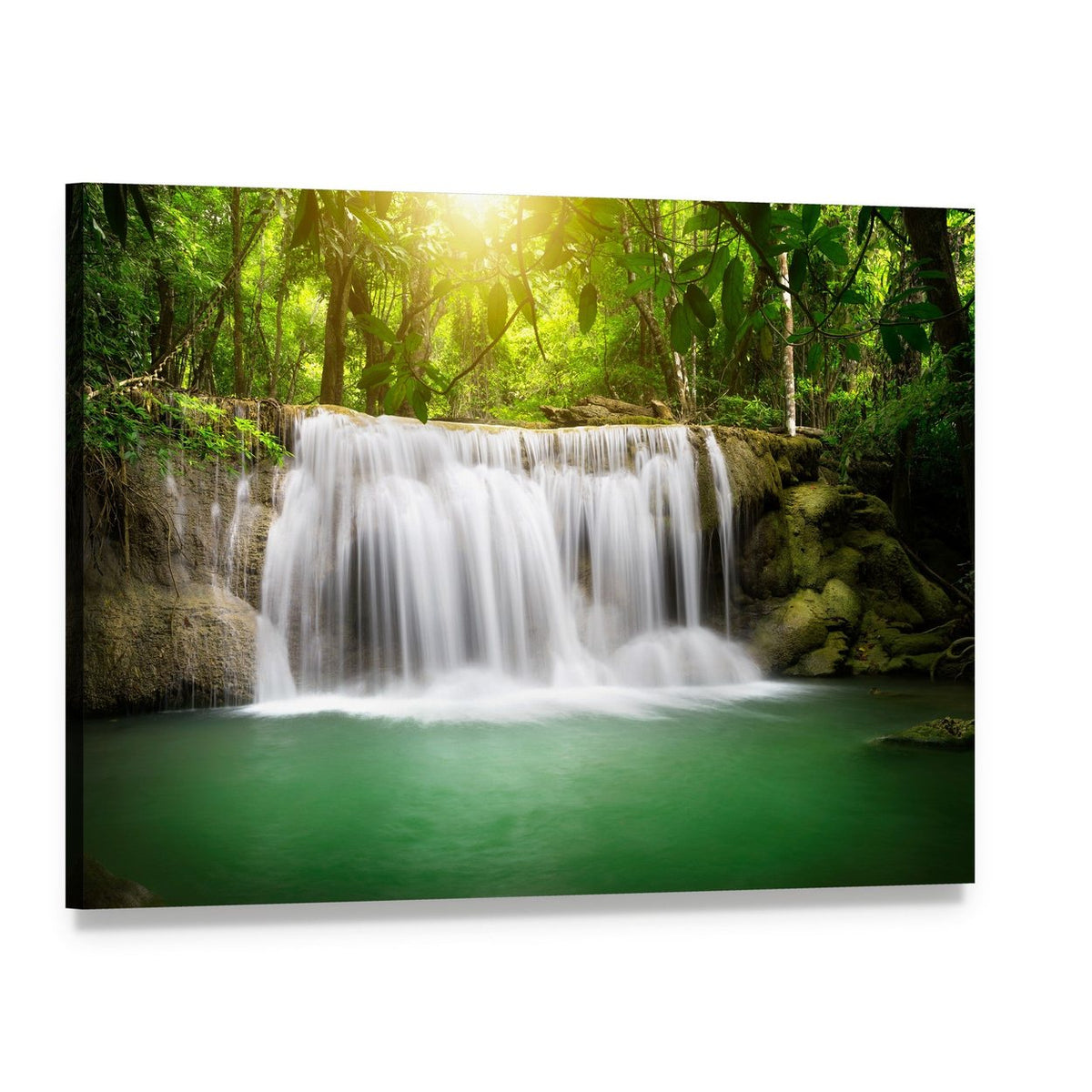 Waterfall in the Green Forest Canvas Wall Art, single panel gallery wrapped canvas, angled product view