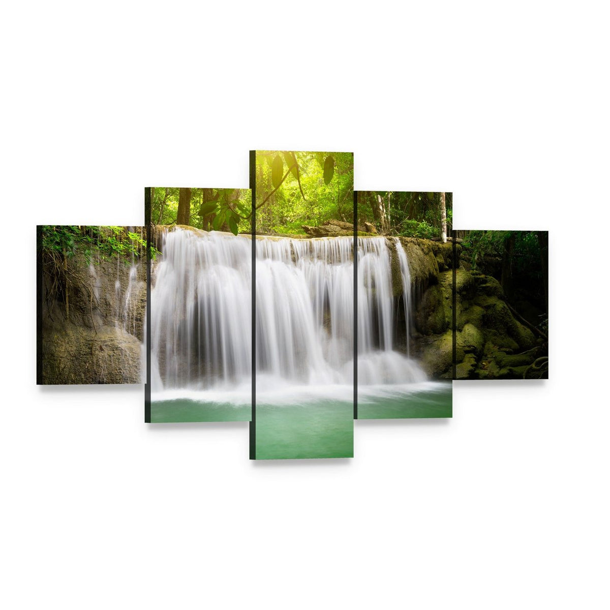 Waterfall in the Green Forest Canvas Wall Art, 5 panel 5 Star layout gallery wrapped canvas set, angled product view