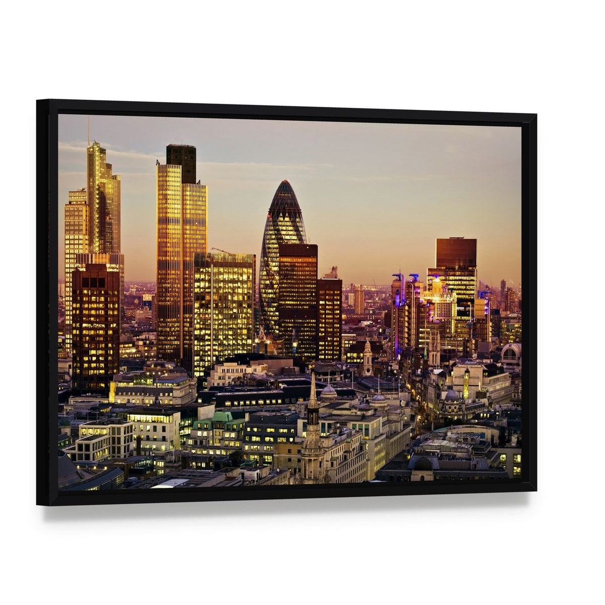 City of London Canvas Wall Art, framed canvas in a black floater frame, angled product view