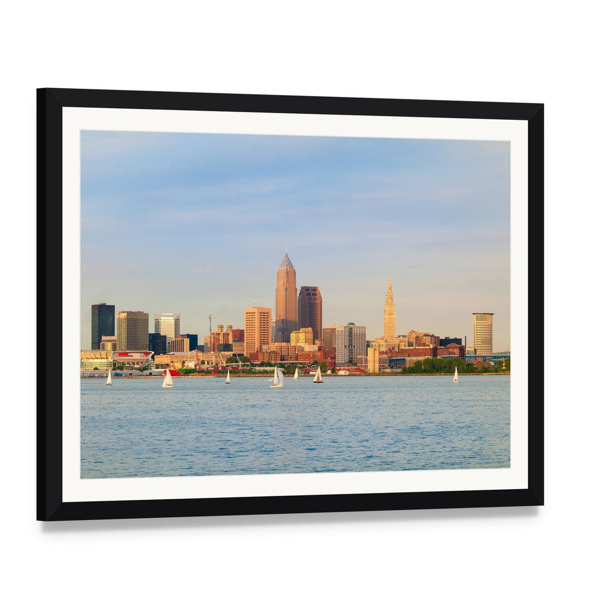 Lake Erie Skyline with Sailboats Canvas Wall Art, framed print with white mat and black frame, angled product view