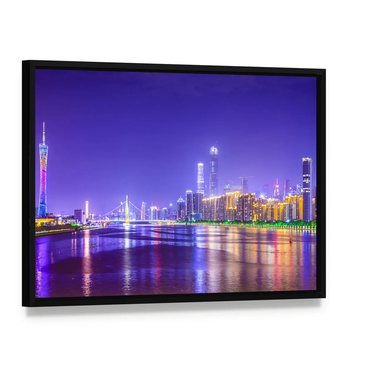 Guangzhou Skyline Over Pearl River Canvas Wall Art, framed canvas in a black floater frame, angled product view