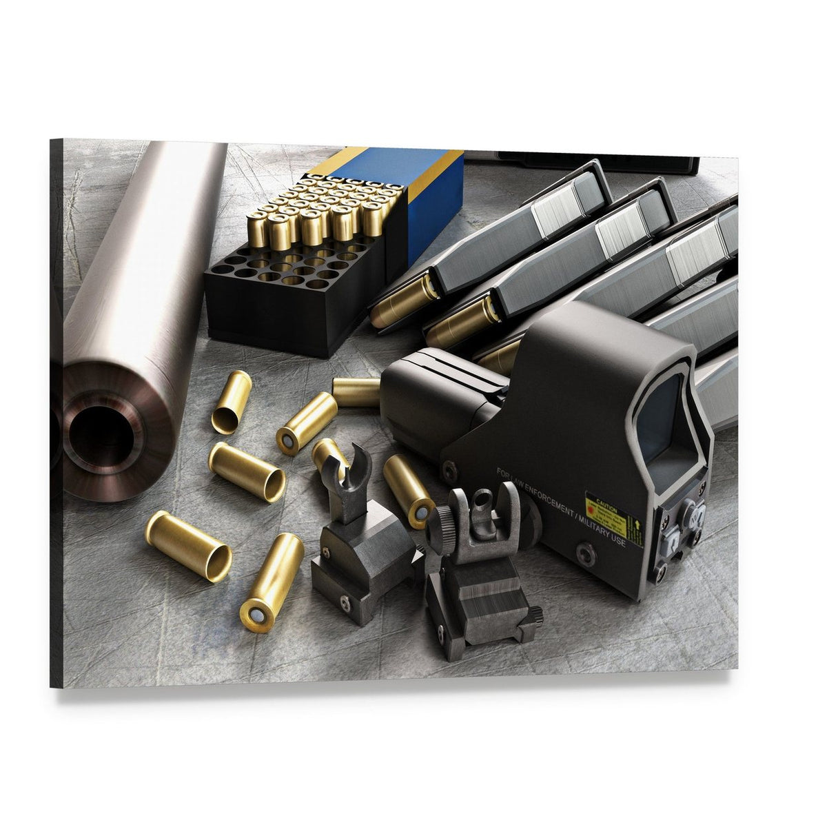Assault Rifle Accessories Canvas Wall Art, single panel gallery wrapped canvas, angled product view