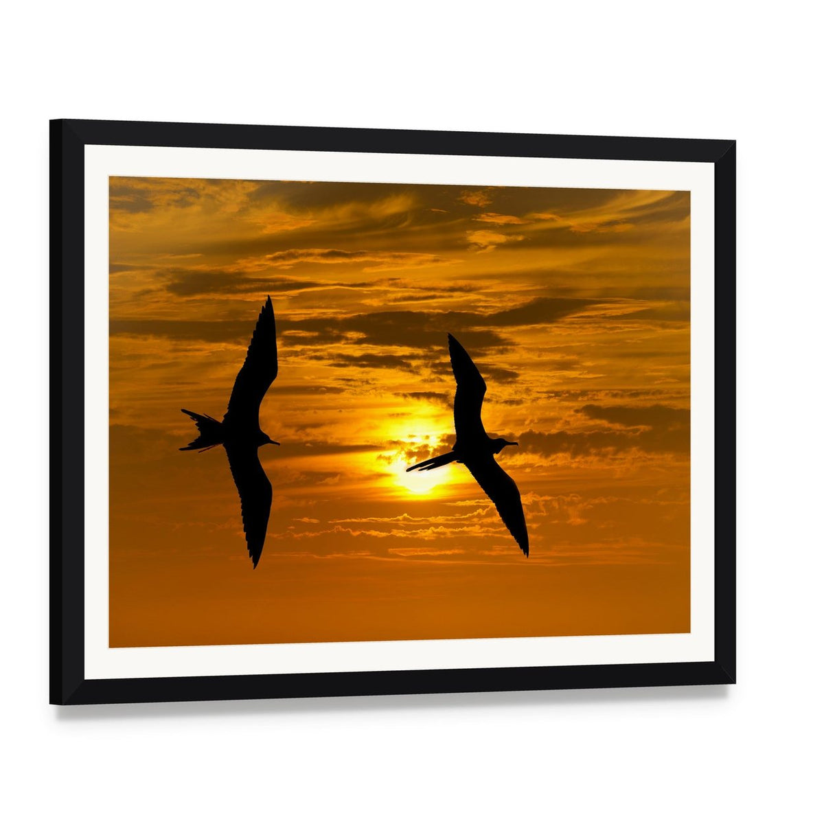 Two Birds Flying Silhouette at Sunset Canvas Wall Art, framed print with white mat and black frame, angled product view