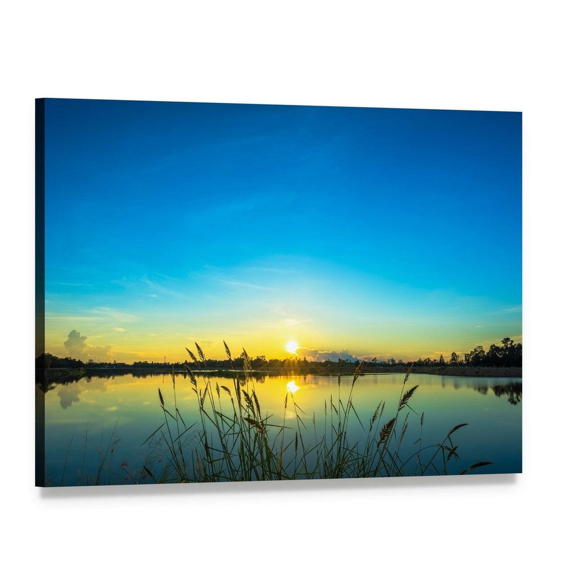 Blue Sky at Calm Lake Canvas Wall Art, single panel gallery wrapped canvas, angled product view