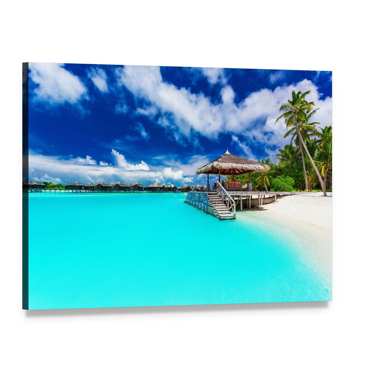 Tropical Beach Under Cloudy Sky Canvas Wall Art, single panel gallery wrapped canvas, angled product view
