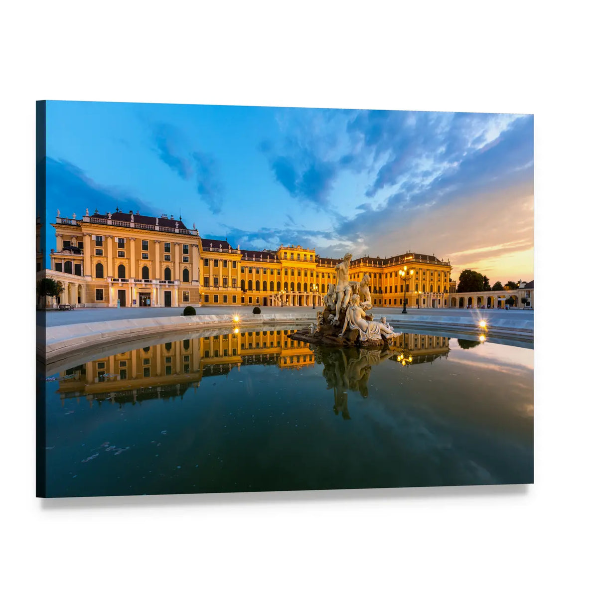 Schonbrunn Palace with Fountain Reflection Canvas Wall Art, single panel gallery wrapped canvas, angled product view