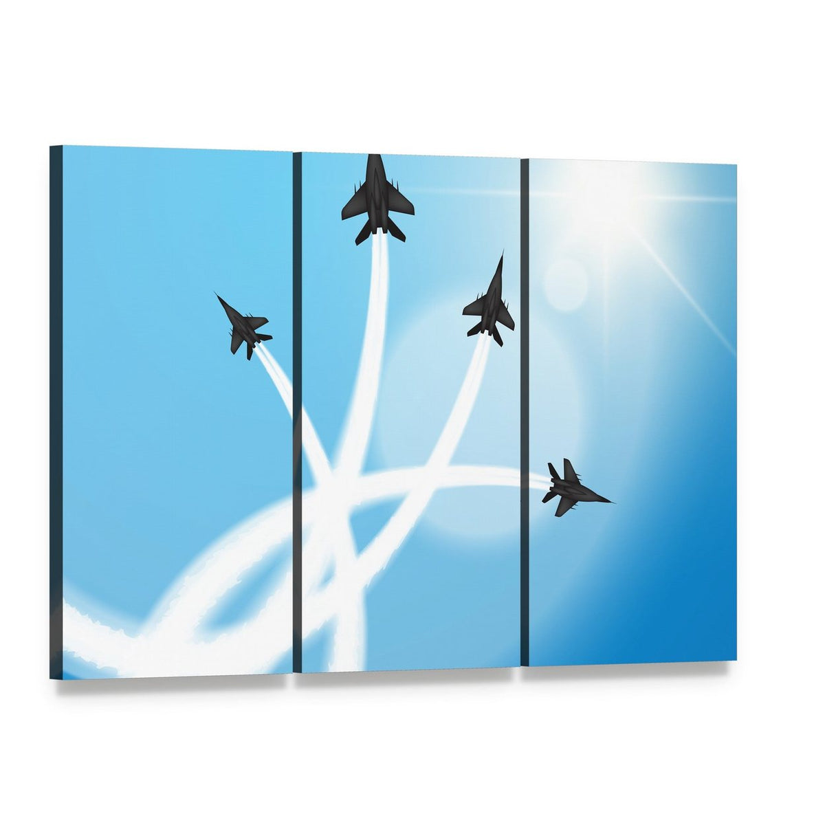 Fighter Jets Performing Acrobatics Canvas Wall Art, 3 panel 3 Horizontal layout gallery wrapped canvas set, angled product view