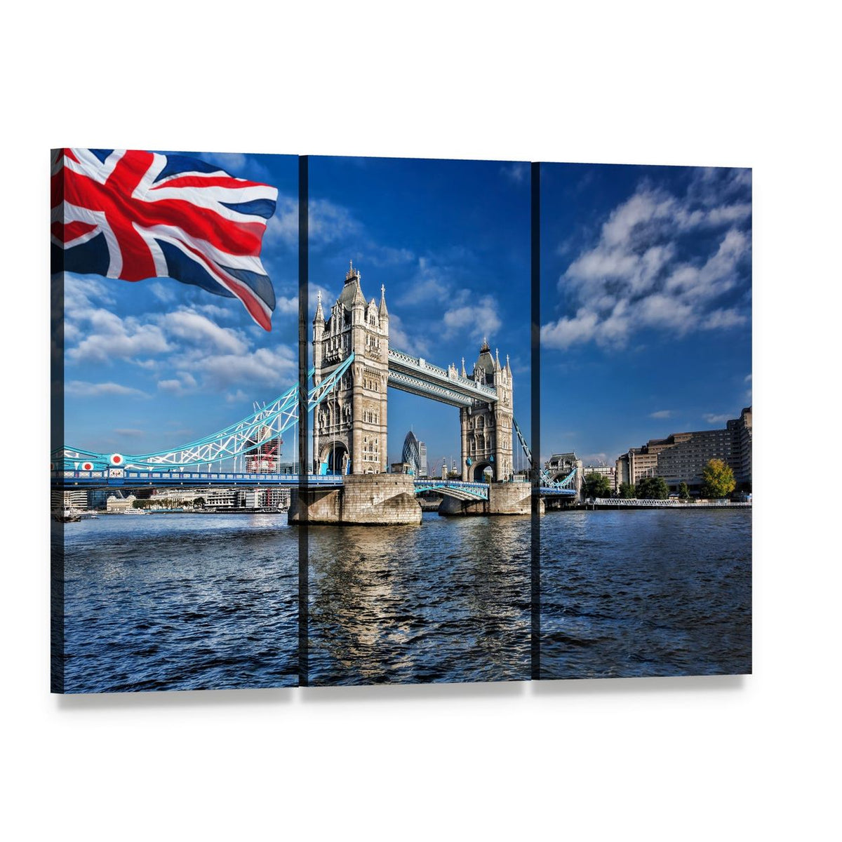 Tower Bridge with Union Jack Flag Canvas Wall Art, 3 panel 3 Horizontal layout gallery wrapped canvas set, angled product view