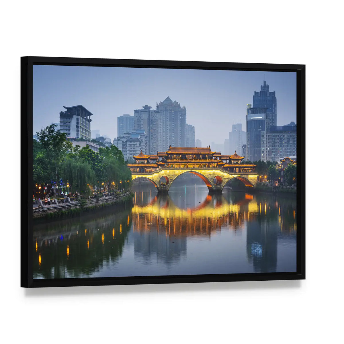 Anshun Bridge on Jin River Chengdu Canvas Wall Art, framed canvas in a black floater frame, angled product view