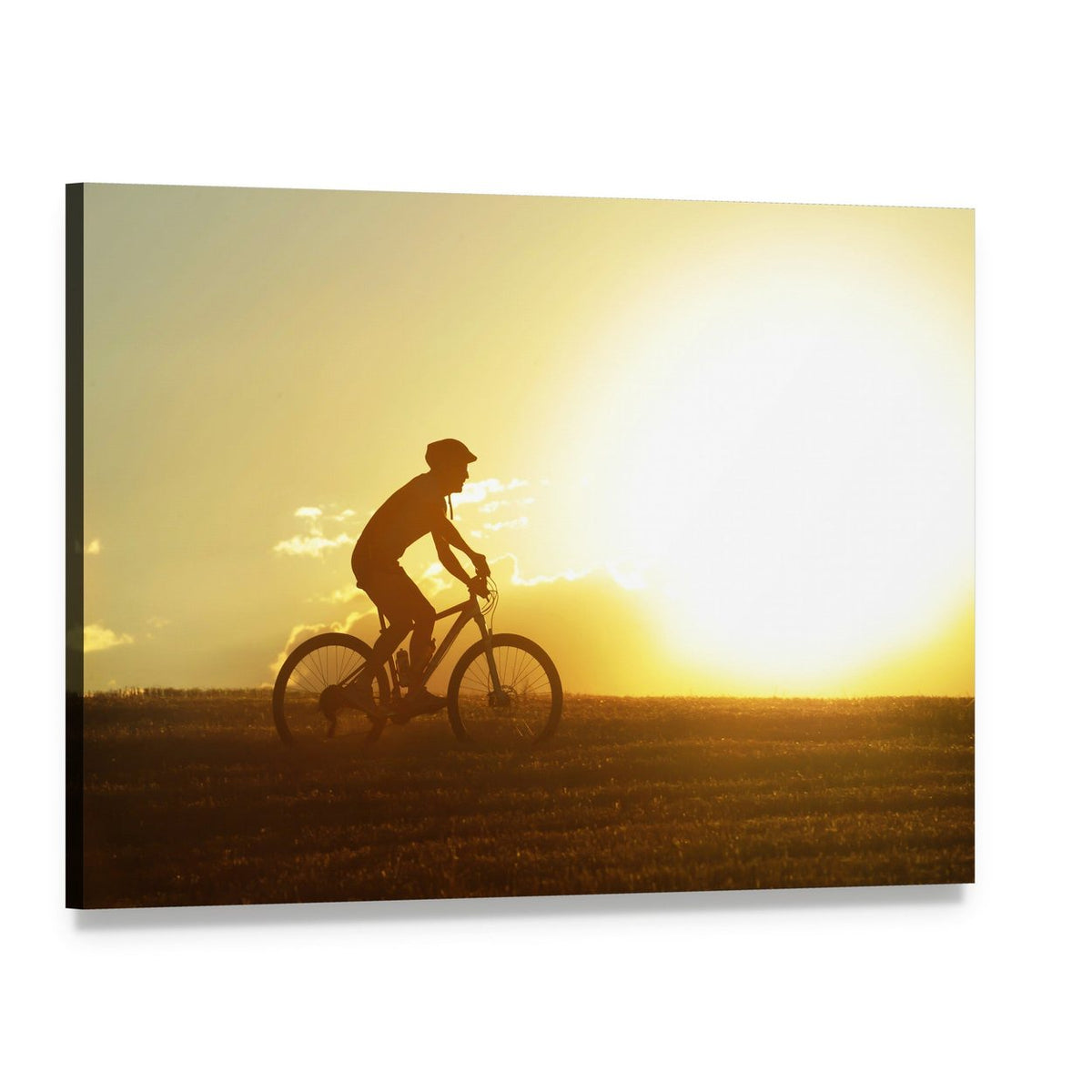 Cyclist Silhouette at Sunset Canvas Wall Art, single panel gallery wrapped canvas, angled product view