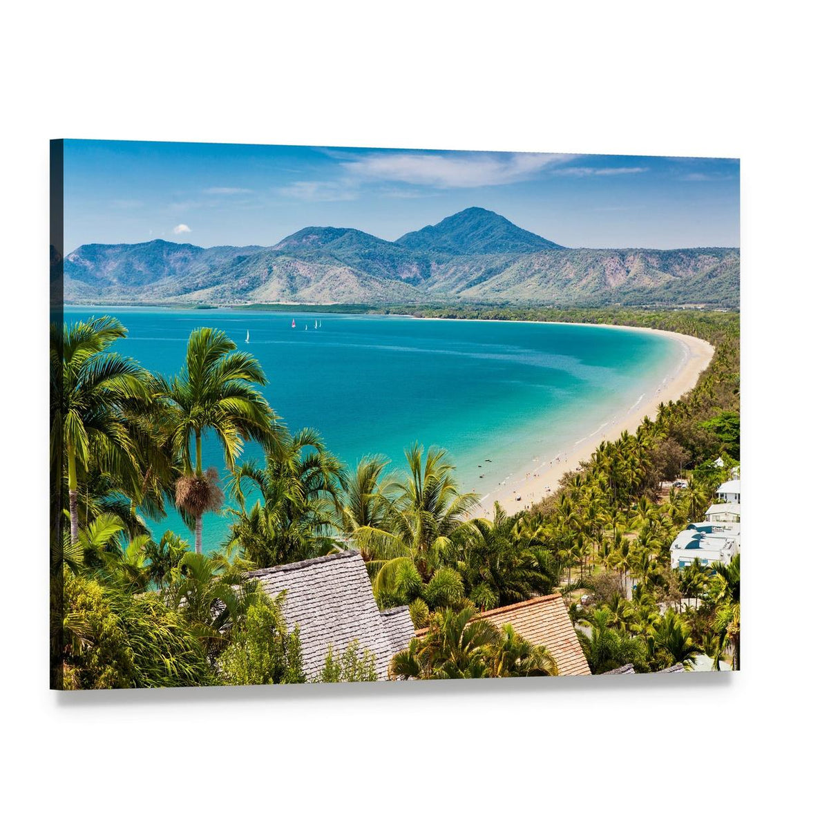 Tropical Beach Aerial with White Sand and Sailboats Canvas Wall Art, single panel gallery wrapped canvas, angled product view