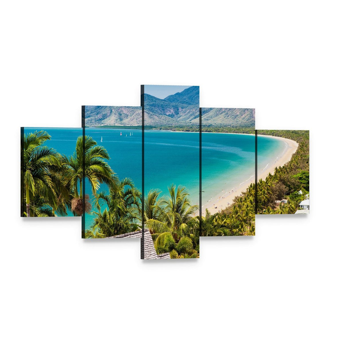 Tropical Beach Aerial with White Sand and Sailboats Canvas Wall Art, 5 panel 5 Star layout gallery wrapped canvas set, angled product view